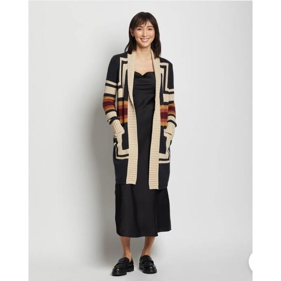 PENDLETON Harding Open Front LONG Cardigan Sweater Aztec Cotton Wool Women's L - Picture 4 of 12